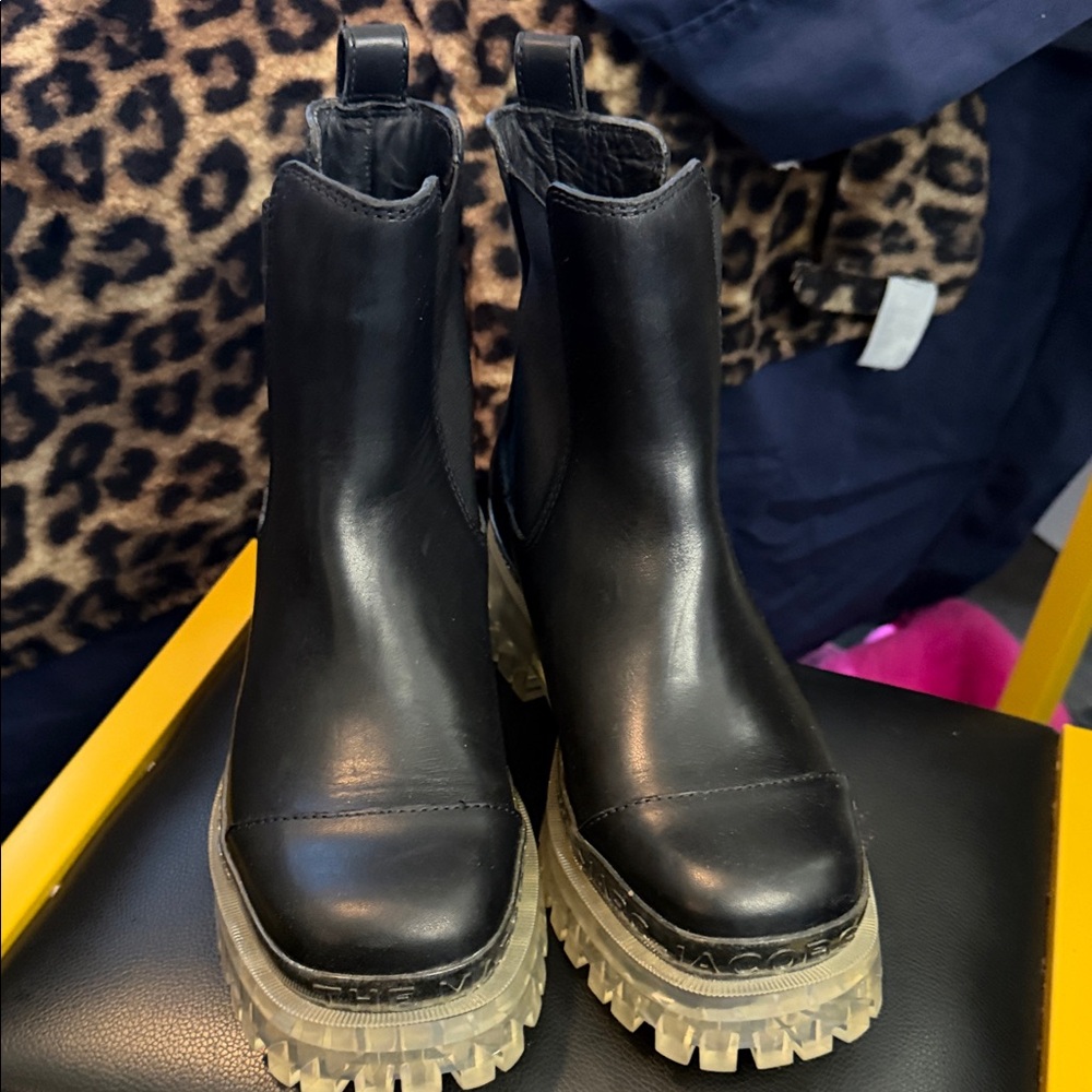 Marc Jacobs Black Leather Chelsea Lug Boots with Clear Soles
